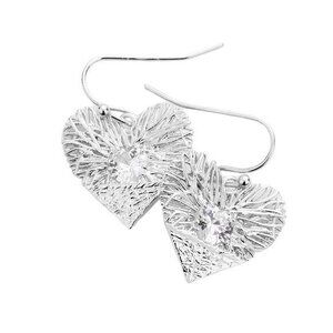 Heart-Shaped Textured Silver Earrings With Crystal‎ Accents